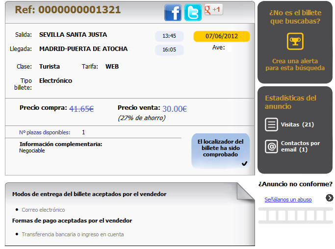 Anuncio reventa billete de tren RENFE